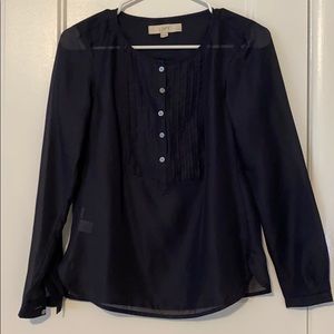 LOFT Navy Blue Pleated Front Blouse